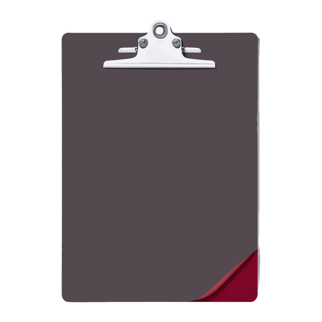Drawing: a dark purple clipboard with a spring clip holding one plain sheet