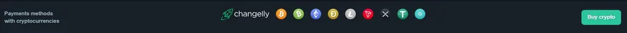 A dark payments strip on Vave reading Payment methods with cryptocurrencies, showing the Changelly logo, a row of coin icons and a Buy crypto button